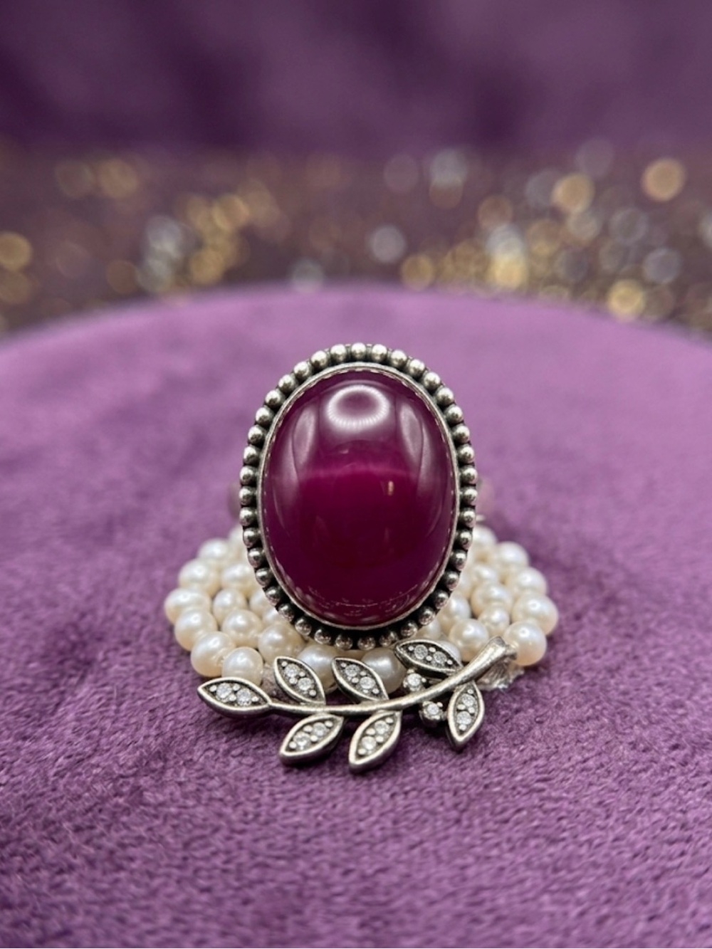 Pink Agate Statement Ring – Sterling Silver Overlay - Picture 3 of 5